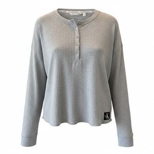 Calvin Klein Jeans Womens Waffle Knit Henley Top Crop Grey Long Sleeve  XL NWT